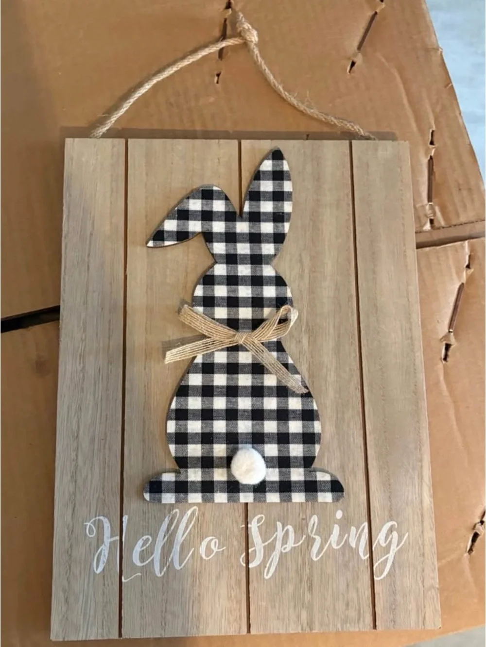 Hello Spring Black & White Gingham Bunny Wall Sign